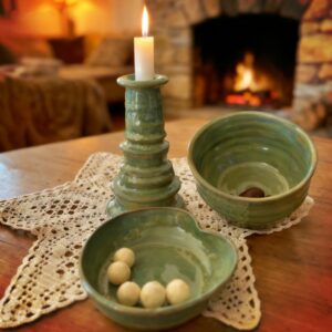Kameninový set Greentea: Svícen vysoký a dvě misky