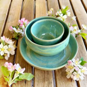 Kameninový snídaňový set Greentea: Kalíšek se dvěmi miskami